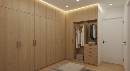 Elegant Dressing Room with Natural Wood and Ambient Lighting