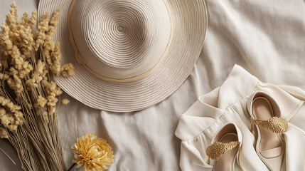 An optimized visual concept for editorial use casual elegance unfolded: a rainbow of hats (fedoras, sun hats, sombreros, cowboy hats) and sandals at a picnic spread - wicker basket, textiles, fun in.