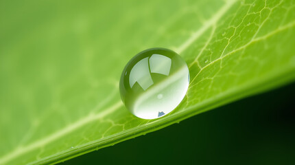 Close-Up of Dewdrop on Green Leaf in Morning Light