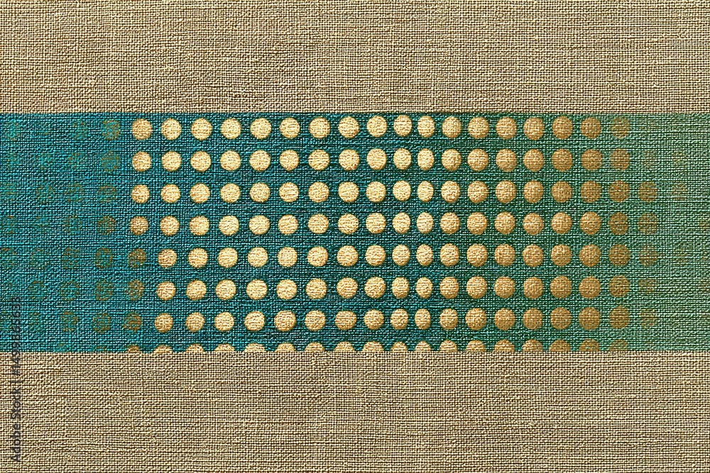 Poster colorful textile pattern with gold and teal circles arranged in a grid design on a textured backgrou