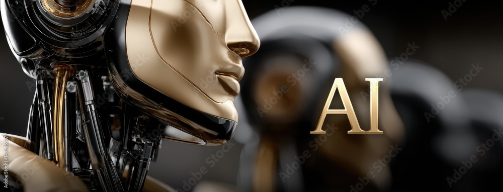 Poster highly detailed 3d rendering of the word ai on a robot head featuring a circuit board brain, close-u