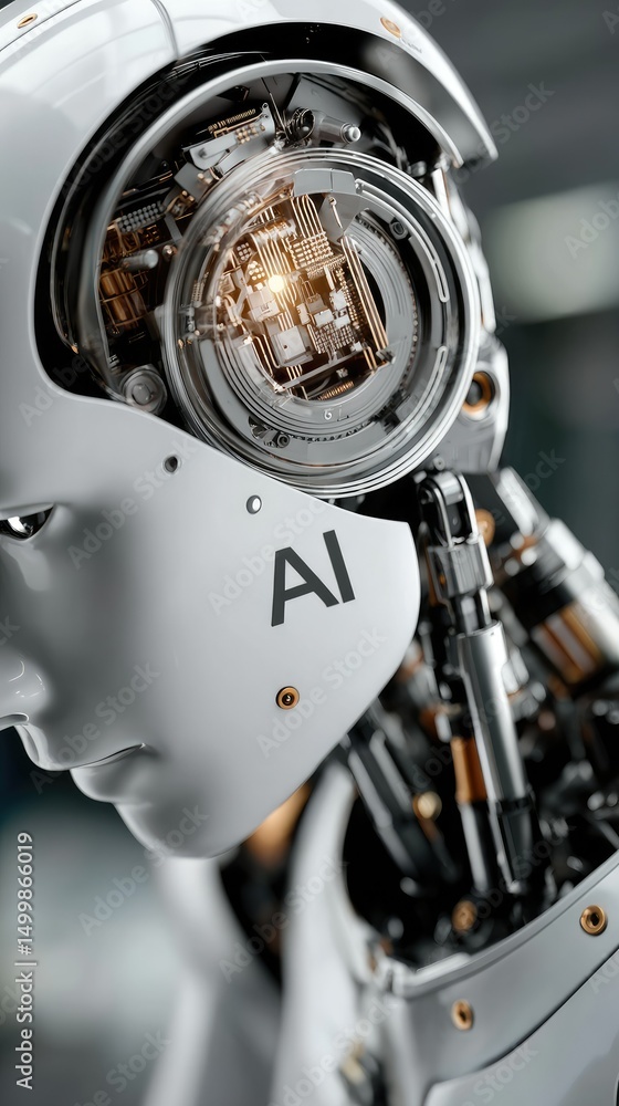 Poster highly detailed 3d rendering of the word ai on a robot head featuring a circuit board brain, close-u