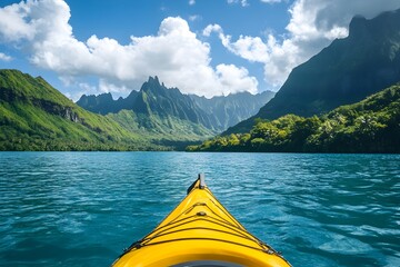 Experience the thrill of kayaking through a stunning tropical paradise, featuring vibrant blue...