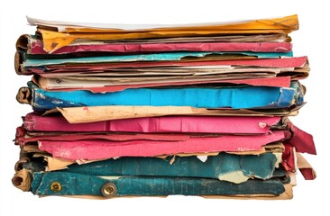 Stack of aged, colorful, worn binders