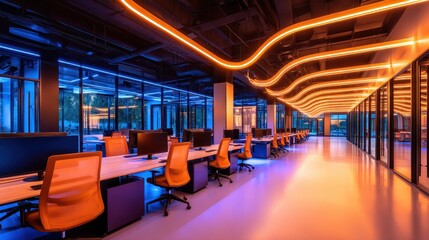 Obraz premium Modern office interior with vibrant lighting, empty workstations, and a serene atmosphere