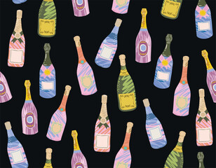 La dolce vita , seamless pattern with wine bottles and champagne. whimsical style Italian French food Illustration Vector  sketch NOT AI ,