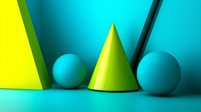 Geometric shapes: vibrant green cone, teal spheres, yellow triangle