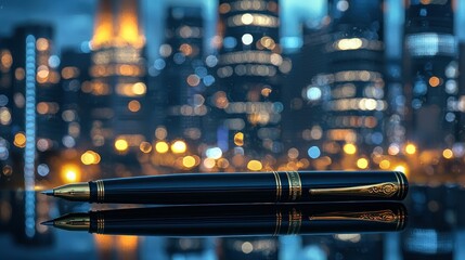 Elegant pen on reflective surface, city lights blur