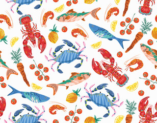 La dolce vita , Alfresco Dining whimsical style Italian Hand drawn Sea Ocean Animal  Seamless pattern Illustration  Vector  sketch NOT AI