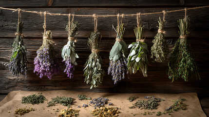 Overhead View of Dried Herb Bundles Hanging from Rope with Loose Lavender and Sage on Rustic Wooden Background