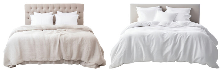PNG Elegant cozy bedding sets displayed, element set on transparent background