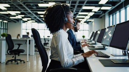 African american woman working in modern call center with headset and computers - Powered by Adobe
