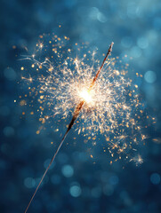 Fototapeta premium Brilliant sparkler with golden sparks exploding against dreamy blue bokeh background creating magical celebration atmosphere 