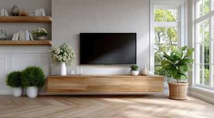 Stylish wooden sideboard in a minimalist living room with large windows, plants, and a sleek flat-screen TV for a Scandinavian aesthetic