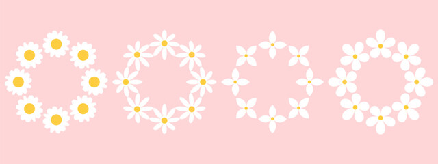 Set of round frames with white groovy daisy flowers on pink background. Retro geometric spring flowers. Clockwork simple set of flowers. For greeting card, poster, banner, social networks.
