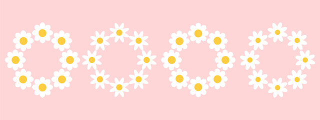 Set of round frames with white groovy daisy flowers on pink background. Retro geometric spring flowers. Clockwork simple set of flowers. For greeting card, poster, banner, social networks.