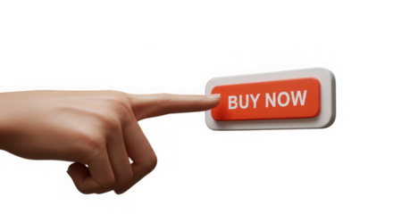 Hand pressing buy now button isolated on transparent background