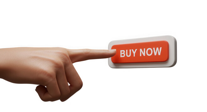 Hand pressing buy now button isolated on transparent background