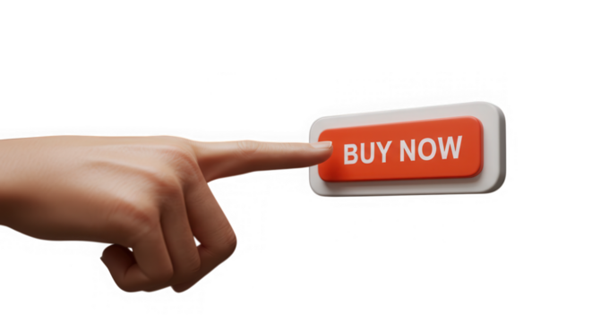 Hand pressing buy now button isolated on transparent background