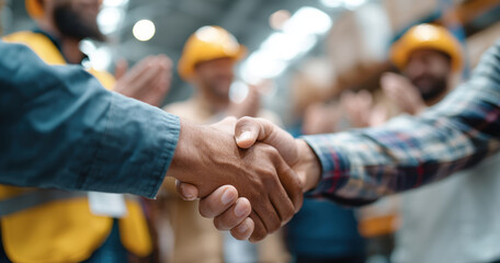 Building trust through handshake in warehouse setting, showcasing teamwork and collaboration among workers