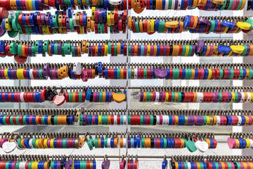 Colorful display of various keychain tags umeda sky building osaka japan