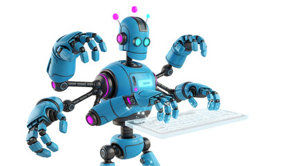 robot with multiple mechanical arms typing on a floating virtual keyboard, realistic textures