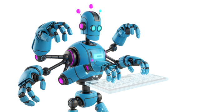 robot with multiple mechanical arms typing on a floating virtual keyboard, realistic textures