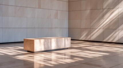 Minimalist interior with a stone bench, light streaming through windows, serene atmosphere
