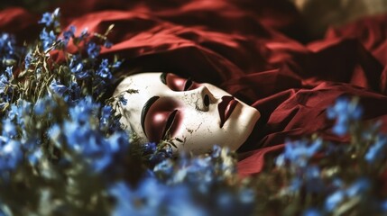 A hauntingly beautiful mask lies gracefully amongst vibrant blue flowers, symbolizing a deep connection between nature and human emotion, evoking thoughts of mystery and beauty.