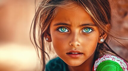 The image features a young girl with striking green eyes, surrounded by a natural landscape, capturing her innocence and connection to the environment beautifully.