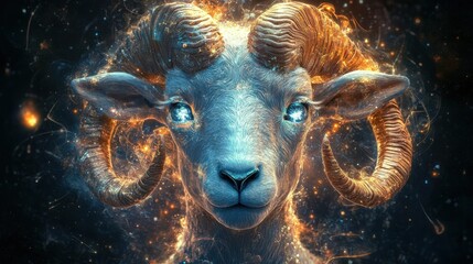A stunning depiction of a ram's head surrounded by a vibrant cosmic aura, blending mysticism with vivid colors to evoke feelings of wonder and curiosity.