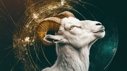 A majestic goat poses against a cosmic background, showcasing its impressive horns and serene expression, highlighting the beauty and strength of nature intertwined with the cosmos.