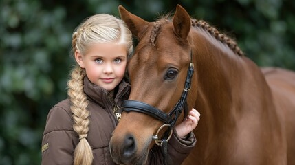 Obraz premium Happy girl enjoys summer day with chestnut Clydesdale horse in equestrian school setting on green meadow