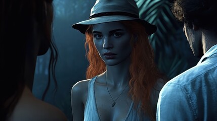 A woman stands in a dense forest, her striking gaze capturing the essence of curiosity and mystery, set against a dark, immersive atmosphere of nature and intrigue.