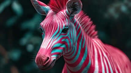A playful reinterpretation of a zebra, transformed into a vibrant pink and blue aesthetic, showcasing a unique artistic style that blends wildlife with colorful imagination.