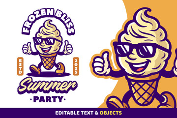 Ice Cream Retro Mascot Logo for Summer Party or Ice Cream Shop. Cartoon Character Vector Illustration in Vintage Style