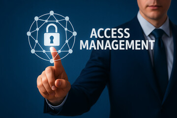 Businessman Touching Digital Lock Icon Representing Access Management, Cybersecurity, and Identity Protection