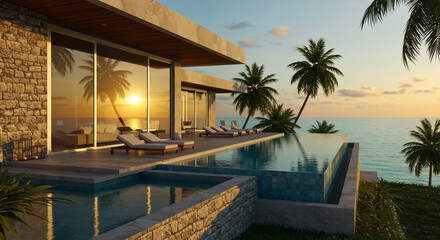 Tropical luxury resort pool at sunset with palm trees and ocean views, perfect for a relaxing summer vacation