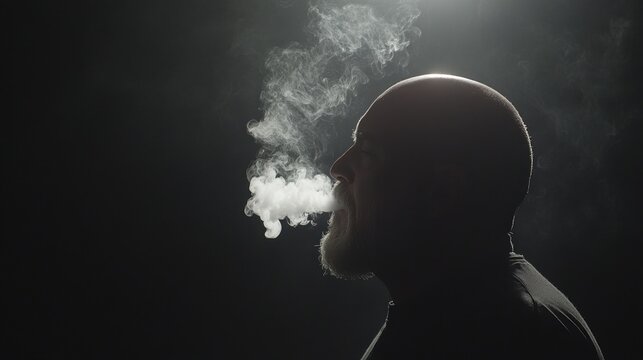 Silhouette of a Man Exhaling Vapor Against a Dark Background
