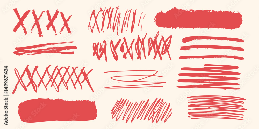 Poster red brush stroke and scribble elements set. creative design and artistic expression collection. isol