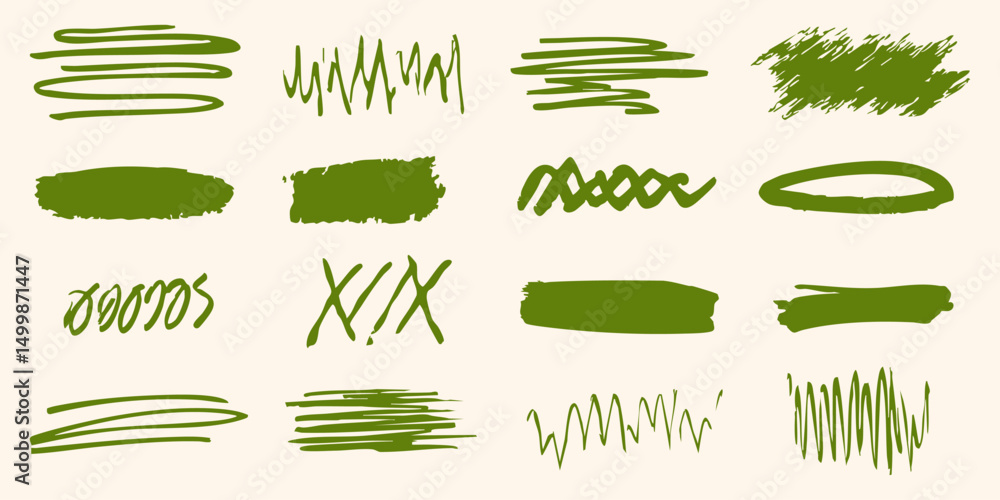 Poster green brush stroke and scribble set. artistic design elements for creative projects. isolated vector