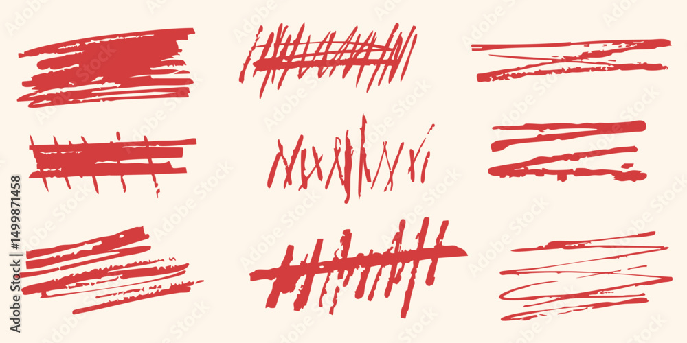 Poster red grunge brush stroke elements set. artistic texture and design collection. isolated vector illust