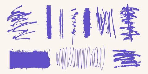Abstract Purple Brush Strokes Set. Creative Artistic Design Elements Collection. Isolated Vector Illustration