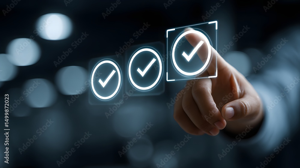 Poster a hand holding a button featuring a check mark symbol on a digital screen representing confirmation 