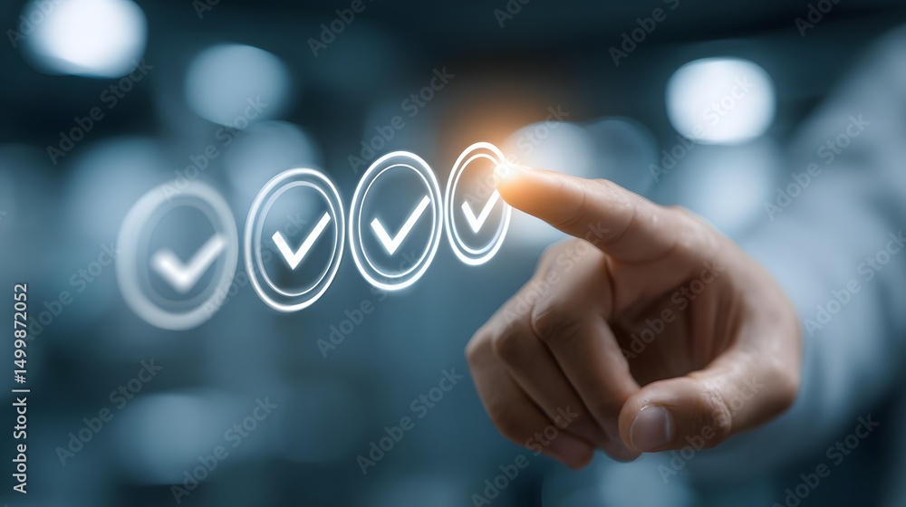 Poster a hand touching a button featuring a tick symbol on a digital screen indicating successful completio