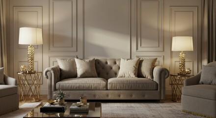Champagne-Toned Living Room with Taupe Couch and Gold Accents