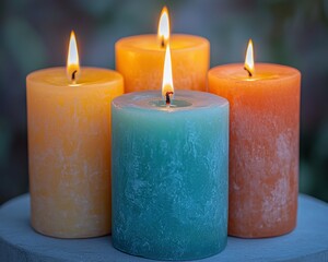 Four colorful pillar candles, varying shades of orange, yellow, and teal, lit and glowing