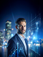 Realistic portrait of a confident entrepreneur overlaid with semi-transparent illustrated charts, upward arrows, and glowing data points, representing analytical success and financial vision.

