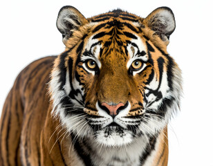 Fototapeta premium Tiger's Gaze: A majestic tiger gazes directly at the viewer, its intense eyes full of both power and vulnerability, rendered in sharp detail.