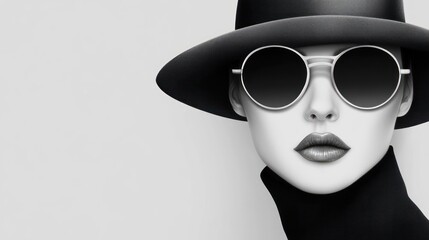 Monochromatic Elegance: A Stylish Portrait of a Woman in a Hat and Sunglasses